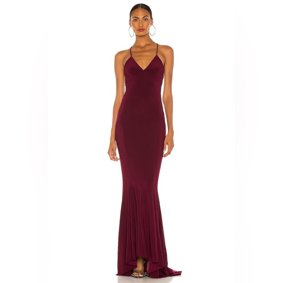NEW Norma Kamali x Revolve Low Back Slip Mermaid Fishtail Gown in Plum (flawed) - Picture 2 of 9